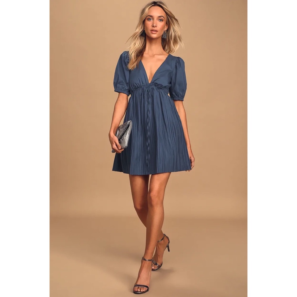 Lulus my first love puff sleeve pleated mini dress